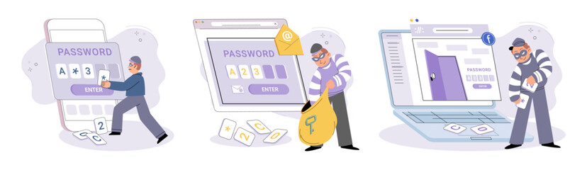 Hacker activity. Hacking computer. Phishing account, steal data, cyber attack. Stealing password. Cyber crime, theft personal information, cyber security spy access. Internet fraud scenes set metaphor