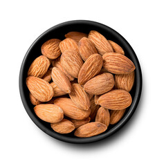 The almonds in black bowl isolated on transparent background. Top view.