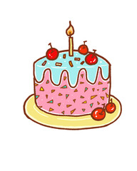 birthday cake with candle. Cake with cherries.Birthday cake. PNG
