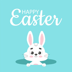 Obraz na płótnie Canvas Happy Easter card. White bunny in hole. Square poster with lettering greetings. Trendy vector illustration.