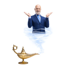 Business executive coming out from a magic lamp - obrazy, fototapety, plakaty