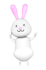 Cute white rabbit with pink ears in a dancer's pose isolated on a transparent background in PNG format. 3D render.