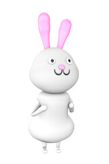 Cute white rabbit with pink ears in a dancer's pose isolated on a transparent background in PNG format. 3D render.