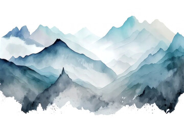 Watercolor blue silhouettes of mountains. AI generative.