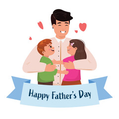 Illustration of a happy father hugging his children. Happy Father's Day illustration.