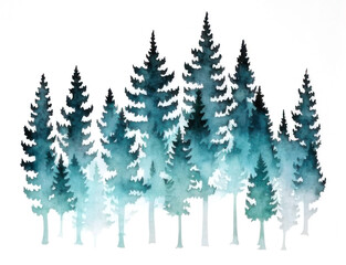 Watercolor silhouette of a pine forest. AI generative.