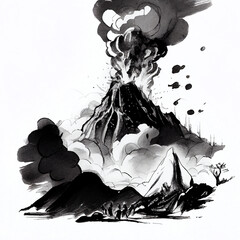 Erupting volcano, ink and watercolor drawing on white paper