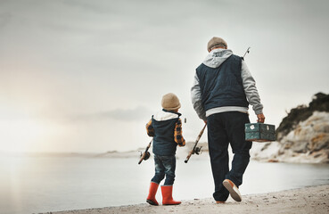 Walking, back and child with grandfather for fishing, bonding and learning to catch fish at the...