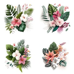 Flower Bouquet Summer Tropical Leaves White Background, Beautiful Flowers on White Background Created With Generative Ai Technology