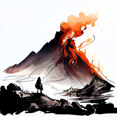 Erupting volcano, ink and watercolor drawing on white paper