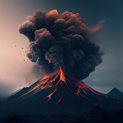 Erupting volcano against dark sky, stock illustration
