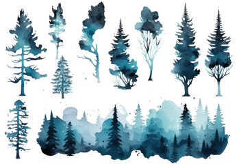 Watercolor silhouette of a pine forest and pine trees. Set of elements isolated on white background. AI generative.