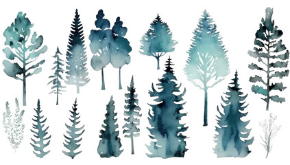 Watercolor silhouette of pine trees. Set of elements isolated on white background. AI generative.