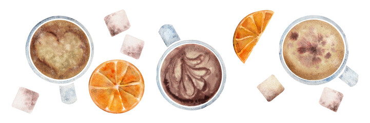 Watercolor hand drawn composition with capuccino porcelain and gold coffee cups, cinnamon, orange. Isolated on white background. For invitations, cafe, restaurant food menu, print, website, cards