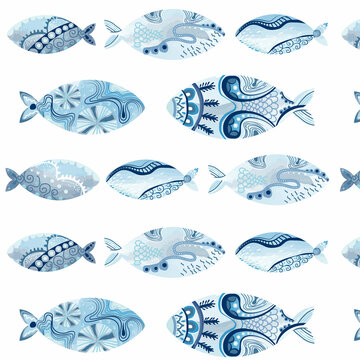 Blue fish illustration seamless pattern sea aqua theme abstract background fabric free hand drawing