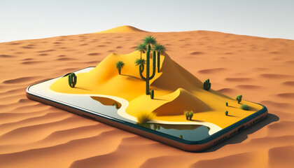 Travel tourism concept with Desert Landscape popping out of a smartphone display, Generative AI 
