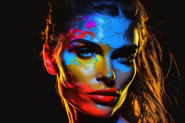 Naklejka premium female eye with colorful makeup. Beautiful fashion model with creative artistic make-up. Abstract colorful makeup. Generative AI