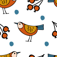 vector pattern with birds and berries on a white background