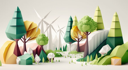 An eco-friendly landscape with trees and a wind turbine in the background. Generative AI