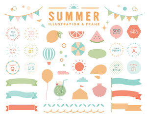 夏のシンプルなイラストとフレームのセット　フルーツ　リボン　吹き出し　飾り　装飾　太陽　枠　旗　8月