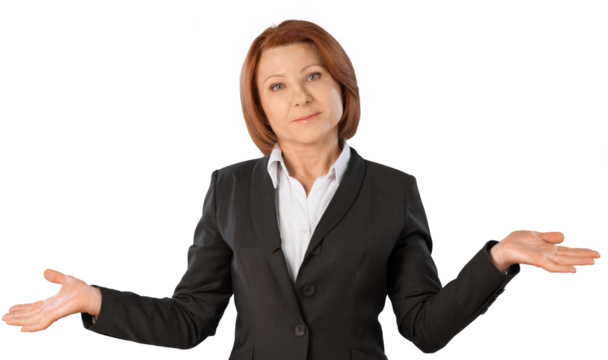 Adult businesswoman shrugs up gestures confusion