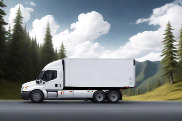 Fototapeta na wymiar A white truck is driving on the road. Clean and empty space in the side view. Beautiful summer landscape as background, blue sky with clouds, forest and hill. Generative AI.