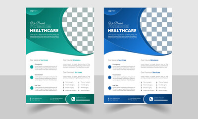 Simple Corporate healthcare and medical Flyer, a4 size, flyer design template for print, Flyer Layout with Medical Icons, pamphlet brochure editable photo background blue and green for hospital and do