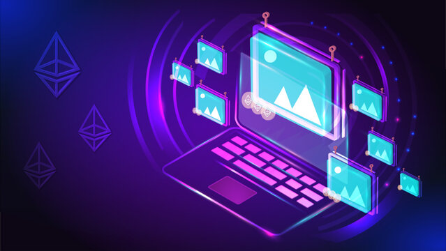 Isometric NFT non fungible tokens in digital crypto art. Blockchain technology. Ethereum coins on futuristic neon background. Neon style vector illustration