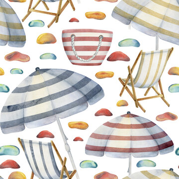 Hand drawn watercolor beach striped chairs bags and umbrellas Seamless pattern. Isolated on white background. Design wall art, wedding, print, fabric, cover, card, tourism, travel booklet.