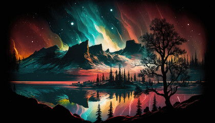 Northern Lights Landscape. Aurora borealis. Generative AI