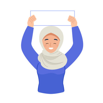 Muslim Woman Holding A Blank Sign Board Vector