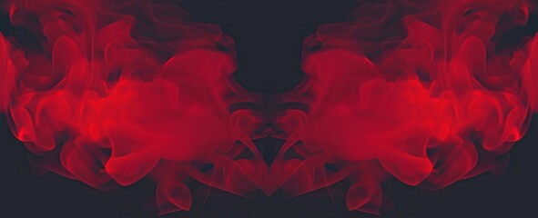 Red smoke on black background toned abstract graphic. Symmetrical AI illustration.