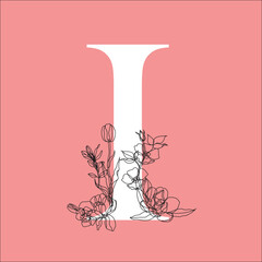 The letter I from the English alphabet is decorated with flowers in the form of a black line.