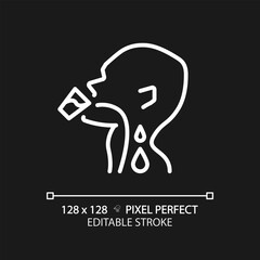 Drinking water pixel perfect white linear icon for dark theme. Liquid flowing down throat. Human body hydration. Thin line illustration. Contour symbol. Vector outline drawing. Editable stroke