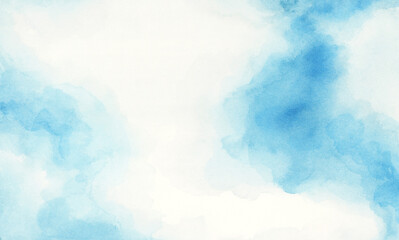 Hand painted blue and white watercolor background with abstract cloudy sky concept with color splash design and fringe bleed stains and blobs.