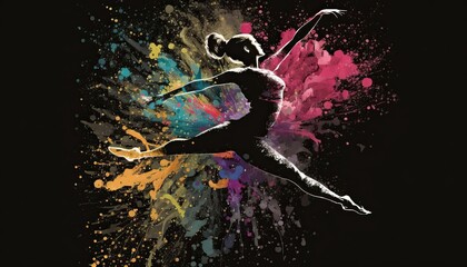 Figure of a delicate ballerina dancing among a explosion of colours. Dark background. Generative AI