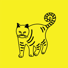 A cute cat line art vector illustration on a yellow color background.  Pet animal clip art for pet supplies company.