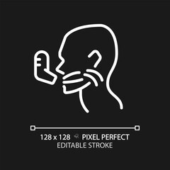 Asthma pixel perfect white linear icon for dark theme. Patient take medication via inhaler. Chronic breathing problems. Thin line illustration. Contour symbol. Vector outline drawing. Editable stroke