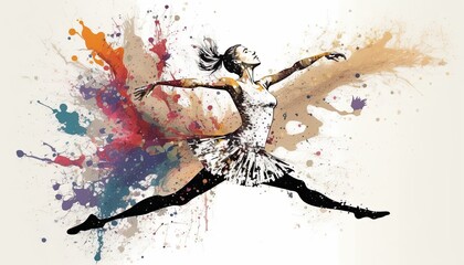 Figure of a delicate ballerina dancing among a explosion of colours. White background. Generative AI