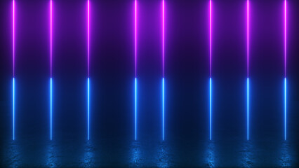 3d render, glowing neon blue, ultraviolet vertical laser lines abstract background