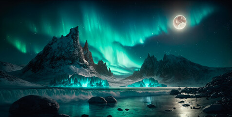Fototapeta na wymiar Northern Lights Landscape. Aurora borealis. Generative AI