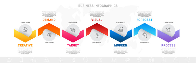 Vector business process. Modern timeline infographics with seven options, circles, steps. Graphic vector template with 7 icons