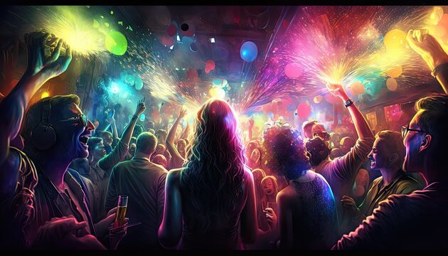 Euphoric celebration of life with partygoers in a vibrant nightclub on dark background. Generative AI