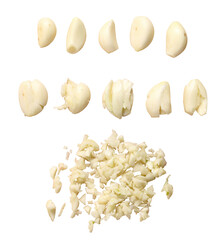 Collection of garlic isolated on transparent set peeled and chopped sliced cloves