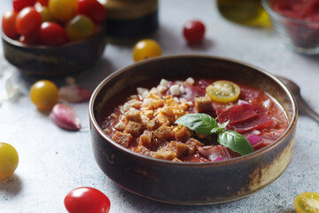 Spanish traditional tomato soup salmorejo