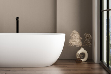 Close up white bathtub on parquet floor in bright bathroom with dry plants, window. Mock up background. 3D Rendering