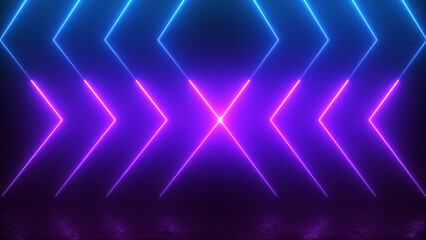Plakat 3d render, glowing neon blue, ultraviolet laser lines abstract background