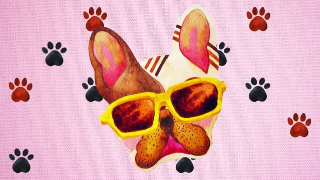french bulldog frenchie dog sugar skull day of the dead mexican animal head surreal face sunglasses dog paw footprint art watercolor painting illustration digital collage stop motion animation 4k