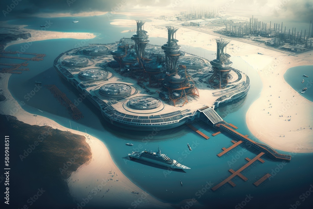 Poster future technological city and futuristic cargo port of future from above, created with generative ai