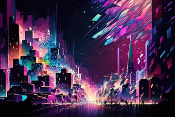 Obraz premium a city where the streets are made of rainbow-colored glass